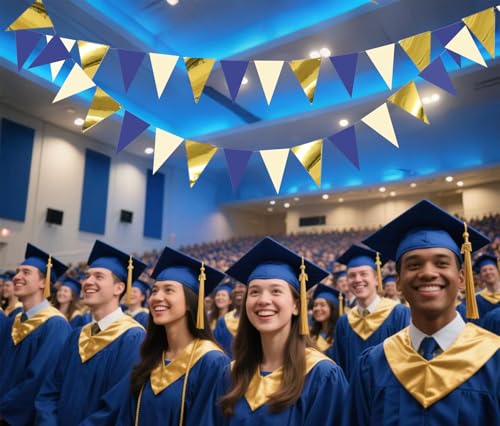 Image of Blue Gold Beige Hanging Triangle Flag Pennant Garland Blue Gold Hanging Paper Pennant Streamer Paper Triangle Flag Bunting Banner for Graduation Wedding Birthday Party Decorations 30 Feet