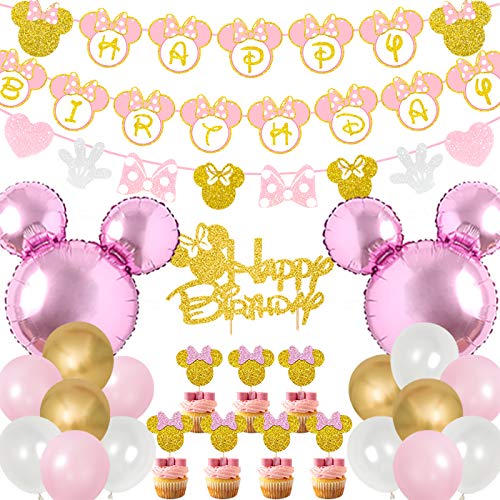 Minnie Birthday Party Decorations Happy Birthday Banner Garland Cake & Cupcake Toppers for Minnie Themed 1st 2nd 3rd Birthday Party Supplies Pink and Gold