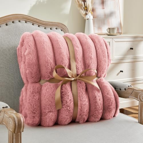 Image of BEDELITE Faux Fur Throw Blanket for Couch, 770GSM, 60 inch x 80 inch, Pink | Soft and Cozy Luxurious 3D Striped Fluffy Blanket, Warm Plush Fuzzy Faux Rabbit Fur for Women Gift, Stylish Room Decor