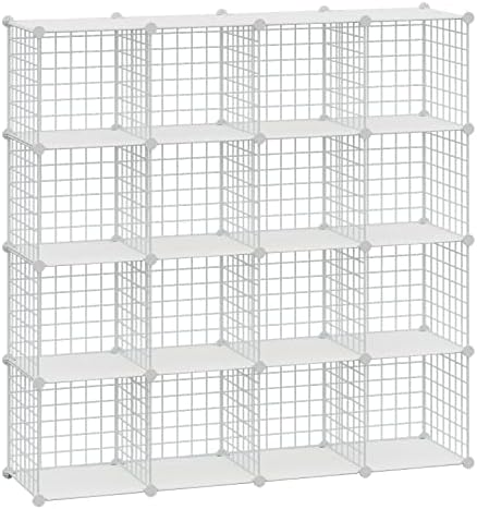 HUBSON Wire Cube Storage Organizer, 16-Cube Metal Grids Storage Shelf, Closet Cabinet, DIY Plastic Cube Bookcase Modular Closet Cabinet for Bedroom, Living Room, Office, White