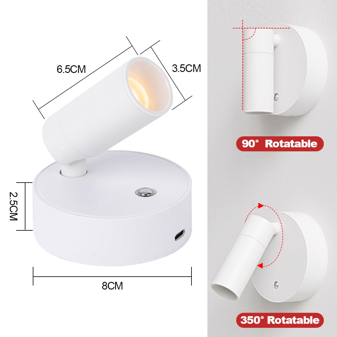 Foco LED inalámbrico, recargable por USB, batería con mando a distancia, 3 temperaturas de color, luces de imagen regulable, lámpara de pared giratoria con función de temporización, para arte, plantas