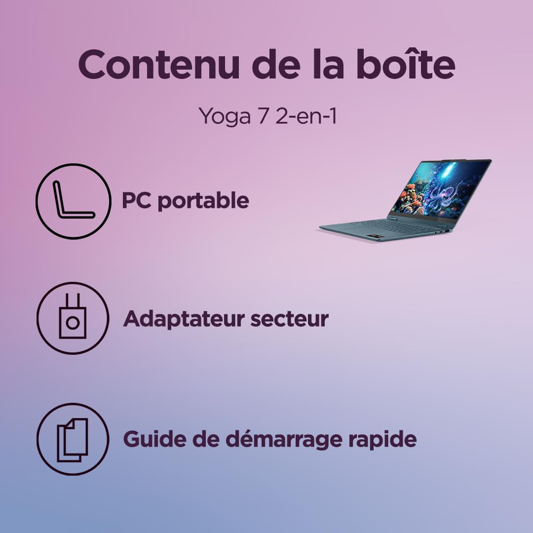 Lenovo Yoga 7 2-in-1 14AKP10 Ordinateur Portable 14" OLED AMD Ryzen AI 5 340 RAM 16Go SSD 512Go AMD Radeon 840M Windows 11 Home Clavier AZERTY Tidal Teal