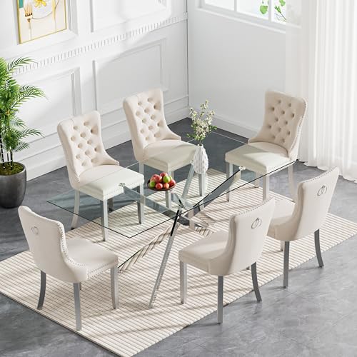 HomVent 7 Piece Rectangular Glass Dining Table Set, Tempered Glass Dinner Table Set for 6 Kitchen Table Set with 6 Velvet Upholstered Chairs for Kitchen Dining Room