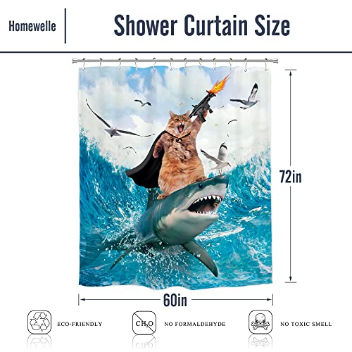 Image of Funny Surfing Cat Shower Curtain Riding Shark 60Wx72H Inch Decor | Hilarious Nautical Ocean Waves Seagull Teal Cute Animals Child Kids Boys Waterproof Polyester Fabric Bathroom 12 Hooks