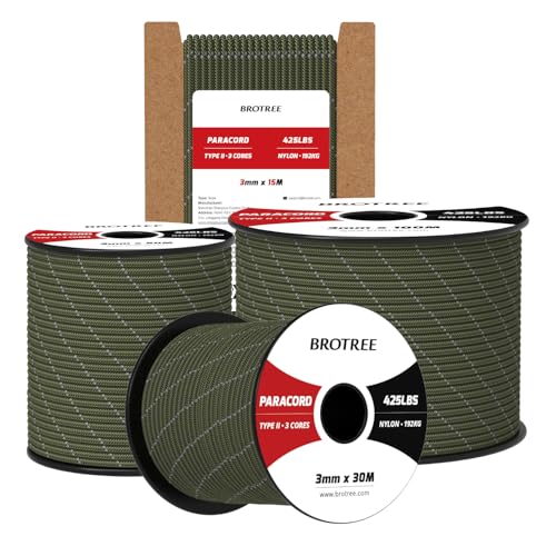 Brotree Paracord 3mm 15M Cuerda 100% Nylon Tipo II 3 Hebras Cuerda Paracord 425 para Exterior, Bricolaje - 192 kg Carga de Rotura (Reflectante Ejercito Verde)