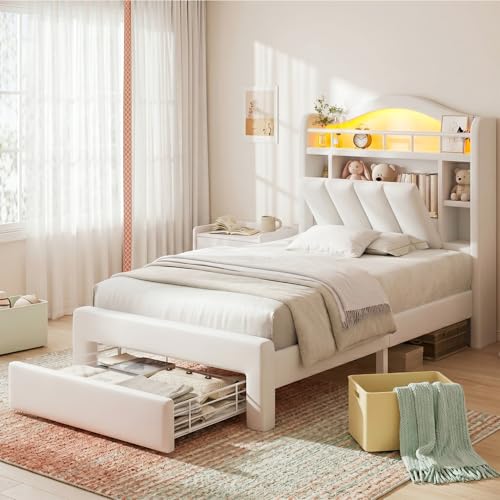 Image of Twin Size LED Bed Frame with Storage Headboard, Upholstered Velvet Wood Princess Bed for Girls with 5 Charging Ports (USB-C & AC), Hidden Compartment, Sturdy Aluminum Frame & 1 Silent Drawers Beige