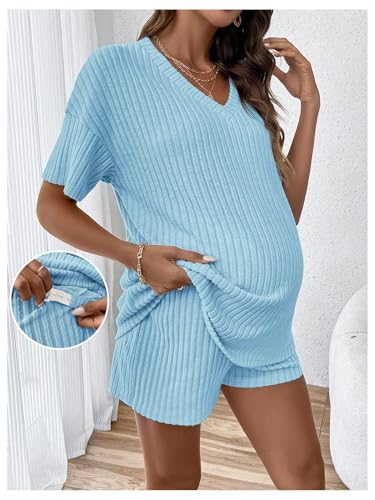 Image of MakeMeChic Women's Maternity Sets Summer Rib Knit Top and Short | 2 Piece Mama Clothes,Lounge,Short Sleeve Tee Shirt,Pregnancy Pajamas,Bump Friendly Outfits