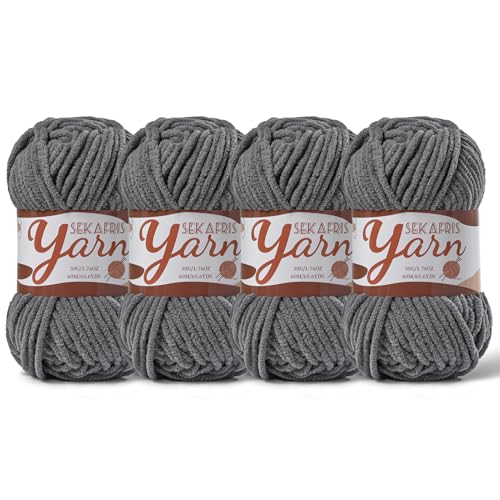 Image of 4 Pack Fluffy Velvet Yarn for Crocheting,Baby Blanket Yarn for Crocheting Soft,200g(262.4yds) Amigurumi Yarns,Plush Chenille Crochet Yarns,Puzzle Yarn for Crochet Weaving Craft(4 Dark Gray)