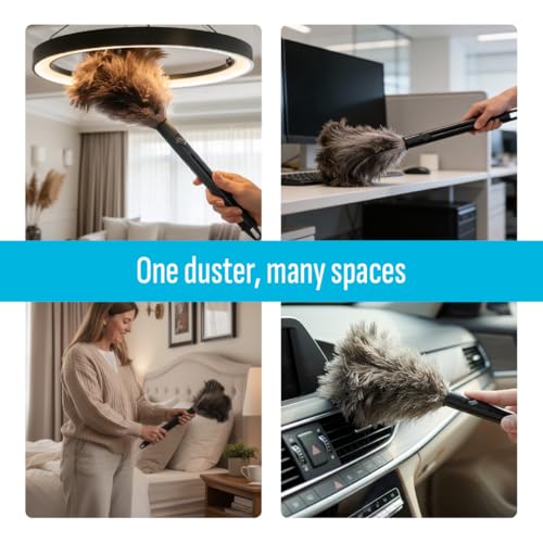 Image of Retractable Feather Duster 8-14 in Adjustable - Natural Ostrich Feather Duster for Cleaning Ceiling Fans, Blinds, Plantation Shutters, Walls & Furniture - Quality Checked in USA - 1 Pack