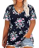 RITERA Plus Size Tops for Women V Neck Shirts Summer Short Sleeve Floral Tunic Oversized Henley Shirt Xl-5Xl