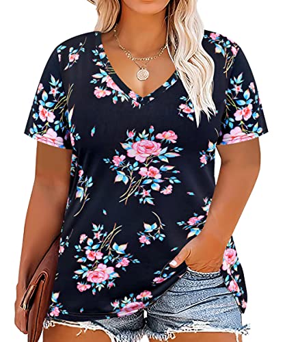 Image of RITERA Women Plus Size Tops Tie Dye V Neck Shirt Floral Camo Summer Short Sleeve Tunic Oversized Ladies Blouse XL-5XL
