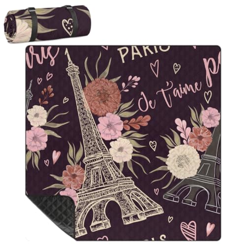 Shimoshe Extra Large Picnic Blankets 79”x 79”, Flower Eiffel Tower Waterproof Foldable Picnic Mat with Straps Portable Beach Blanket for Camping Park Grass Beach Indoor