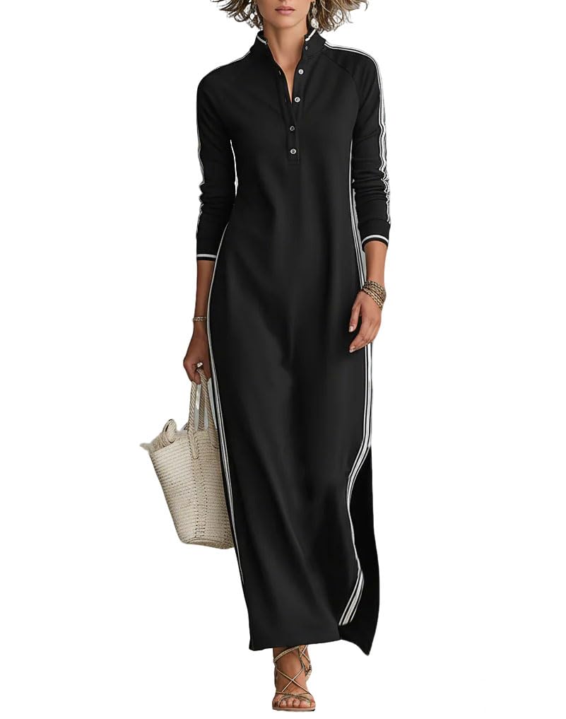 Women's Casual Sweatshirt Maxi Dress Long Sleeve Polo Collar Button Up 2026 Trendy Flowy Pullover Tunic Dress