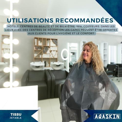 AQASKIN Capes jetables coiffeur en TNT 30 g/m2 – Remises quantités – emballées individuellement – Dimensions 130 x 120 cm – Lot de 20 pièces – Fermeture à sangle, Noir, Taille Unique – vue 3