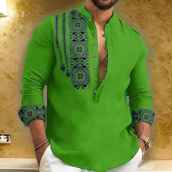 Image of DEELMO Men's Cotton Blend Mandarin Collar Self One Design Full Sleeve Casual Short Kurta Green-New