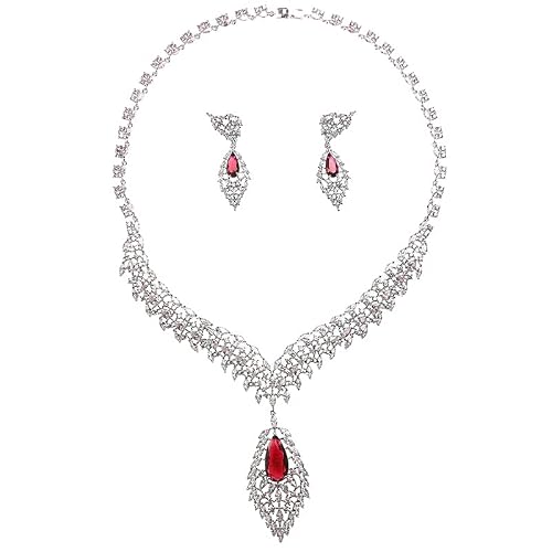 PAENENPH 14K Gold Natural Crystal Jewelry Set for Women,Sparkling Wings Shape Crystal Pendant Necklace and Drop Earrings Set,Fashion Wedding Bridal Jewelry Set (Red)