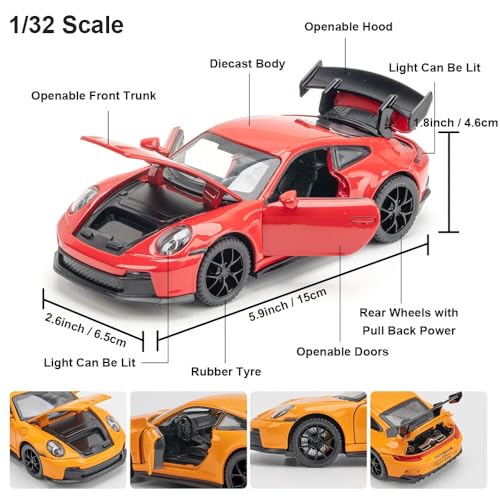 Image of 1:32 Porsche 911 GT3 Sport Car Model - Diecast Alloy Toy Vehicle with Pull Back Action, Sound, Light & Openable Doors, Hood & Trunk for Kids and Collectors (RED)
