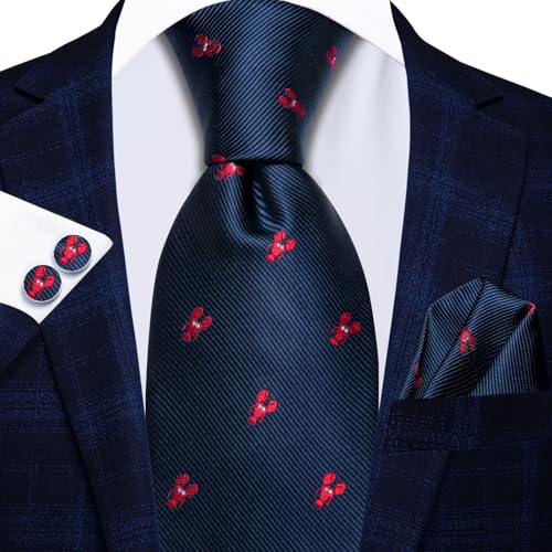 Image of Hi-Tie Navy Blue Ties for Men Silk Crabs Funby Animal Necktie Pocket Square Cuff-links Sets Wedding Business Holiday