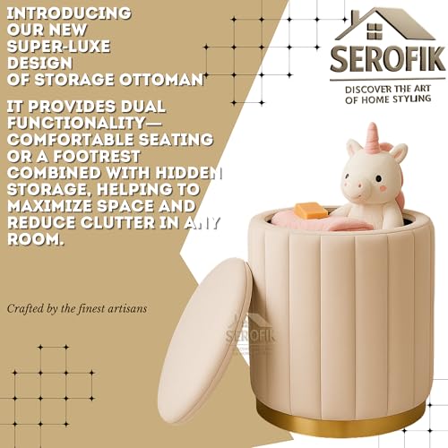 Image of Velvet Storage Ottoman Pouffe - Round Upholstered Sitting Stool & Footrest | Multi-Purpose Puffy Mudda for Living Room, Bedroom, Office - Stylish Home Furniture & Decor (Cream)