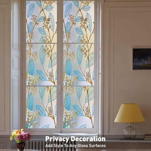 Image of WOO Home Frosted Glass Window Film & Stickers (12 X 72 Inchs) Privacy Window Cover for Home & Office - Easy Apply, UV Protection, Removable Decorative Film (Blue Flowers 1 X 6 SQFT)