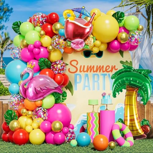 Image of Tropical Hawaiian Balloons Set, 65Pcs 12In Summer Party Balloons with Hot Pink Green Orange Yellow Teal Blue for Hawaiian Summer Birthday Party Decorations