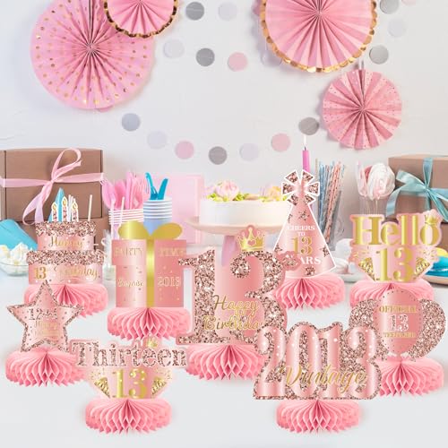 Image of 9Pcs 13th Birthday Decorations Rose Gold 13th Birthday Party Decorations for Girls,Pink Happy 13 Years Honeycomb Centerpieces Table Sign Decor Supplies