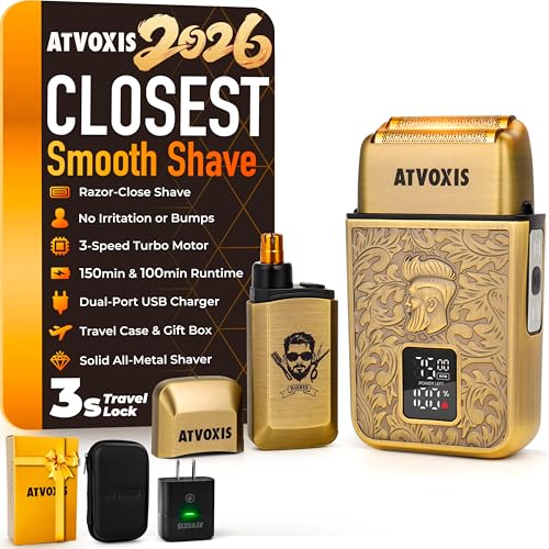 All-Metal Close Shave 3-Speed Foil Shaver for Men: 10,000 RPM Electric Nose & Ear Hair Trimmer Cordless Rechargeable USB-C Fast Charging Charger Included Travel Case (Bronze)