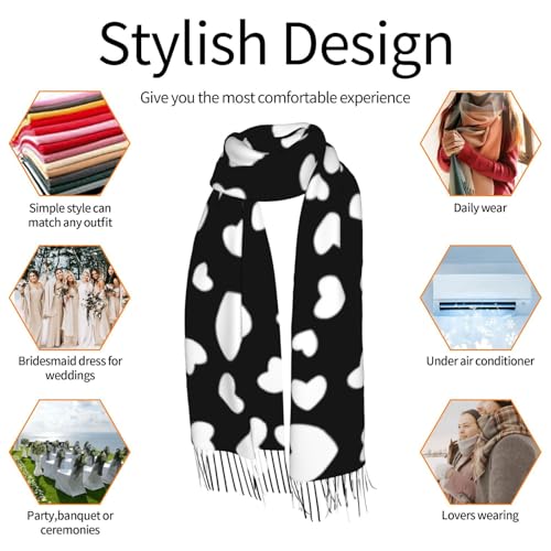 Whimsical Black And White Hearts Pattern Soft Scarf, Winter Warm And Lightweight Shawl, 77x27 Inch Oversized Printed Men'S And Women'S Scarf4