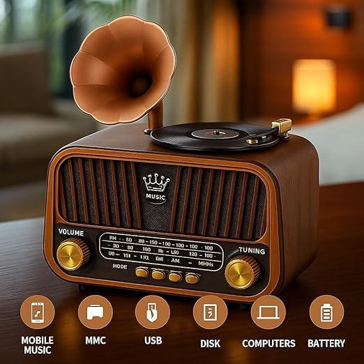 Image of FM Radio with Bluetooth Speaker with Powerful Sound | Vintage Style | Music Player | USB Charging | AUX, SD Card, USB Input | New-Vintage