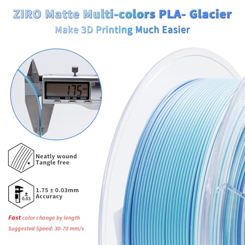 Image of ZIRO Color Change Filament, Matte Gradient Rainbow 3D Printer Filament, Fast Color Changing by Length PLA, Dimensional Accuracy + /-0.03mm, 1KG / 2.2lbs Spool, Fit Most FDM 3D Printer, Glacier