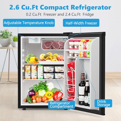 Image of COWSAR 2.6 Cu.Ft Dorm Fridge with Freezer, Single Reversible Door Compact Refrigerator, Adjustable Thermostat, 2 Removable Shelves, Commercial Drink Fridge for Bedroom, Office, Kitchen, Dorm, Black