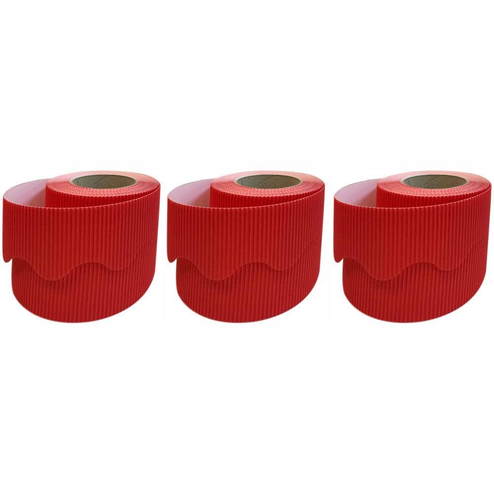 3 Ace Crafts (Pack of 3) Corrugated Display Borders Roll (Rose) size 57mm x 15m for School Classroom Decoration, Bulletin Boards and Crown Making, Scalloped Edge Border Roll Fade Resistant