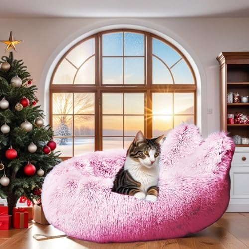 Lazy Rabbit Upgrade Cat Bed, Cat Beds for Indoor Cats, Calming and Cozy Large Fluffy Warming Cat Beds, Washable, Plush and Modern Beds & Furniture, Gradual Pink Color, 24inch