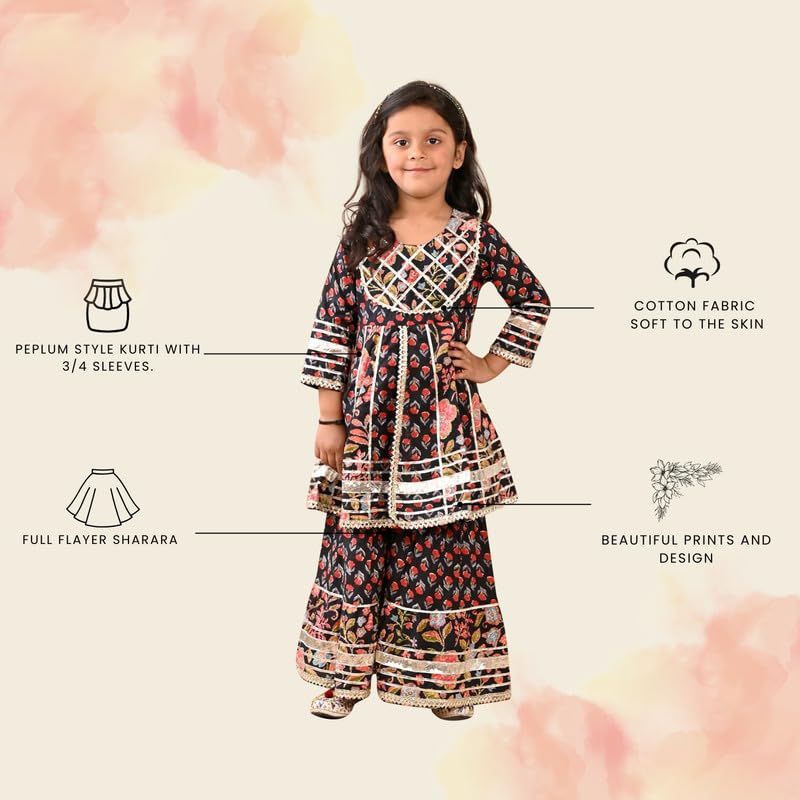 Image of superminis Girls Cotton Floral Printed Gotta Work 3 /4 Sleeves Flared Design Kurti & Sharara Set