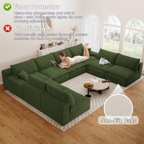 Image of 136 inch Cloud Couch Modular Sectional Sofa for Living Room, U-Shape Boneless Couch with Deep Seat, Modern Corduroy 8-Seater, No Assembly Required, Green