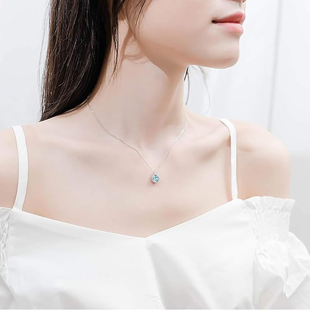 Sterling Silber Ozean Blau Kristall Halskette Funkelnde Diamant geschnittene Anhänger Halsketten Infinity Charm Hecketemperament Schmuck Geschenke für Frauen Freundin Mädchen Mädchen