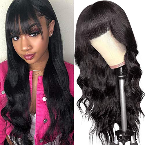 Coisini Hair Machine Made Human Hair Wigs With Free Part Bangs None Lace Front Wigs Human Hair 130% Density Body Wave Wig Full Ends Natural Black Color 16 Inch