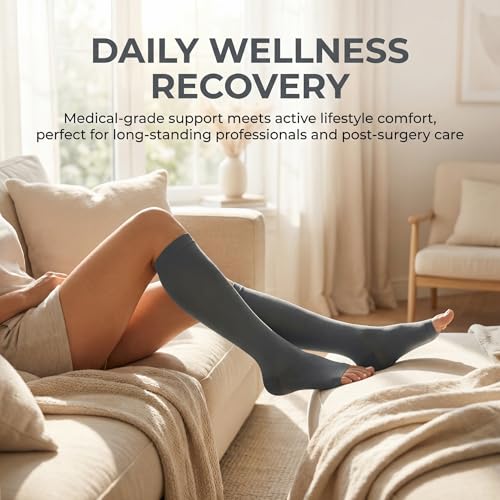 Image of MGANG Knee High Compression Socks 20-30mmHg for Varicose Veins, Open Toe | Graduated Compression, Circulation, DVT, Swelling, Nurses, Pregnancy, Standing, Office, Flight, Travel, Running, Recovery