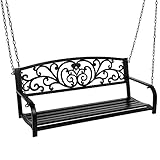 Best Choice Products 2-Person Metal Outdoor Porch Swing, Hanging Steel Patio Bench for Garden Deck w/Floral Accent, 485lb Weight Capacity - Black