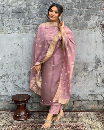 Image of Shiv Textiles Women's Chanderi Silk Embroidered Kurta Pant Dupatta Set(JDA-Vanni-Onion-M)