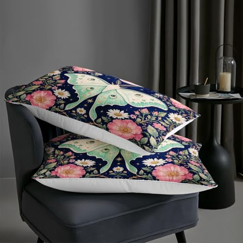 Image of AILONEN Queen Comforter Set 3 Piece, Mint Moth Pink Moon Floral 3D Printed Bedding with 2 Pillowcases, Soft Lightweight Microfiber Dreamy Decor for Master Suite