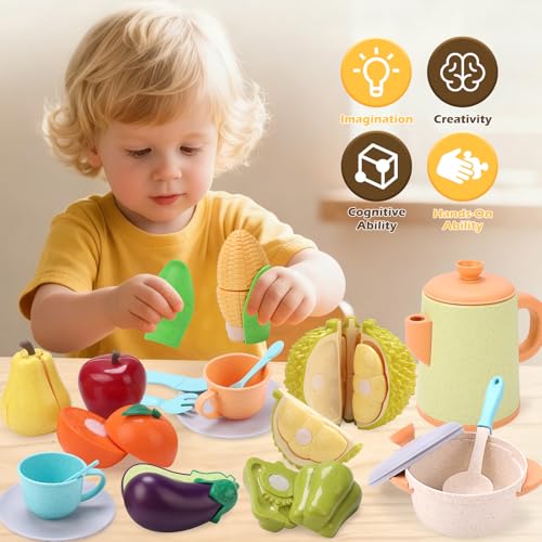 RUIDYA Play Kitchen Accessories, Kids Kitchen Pretend Play Role Play Cutting Fruit Food Toy & Cookware Pot & Pan Set, Toy for Girl Boy Age 3,4,5,6+,Children Cooking Utensil Vegetable Toy — view 2
