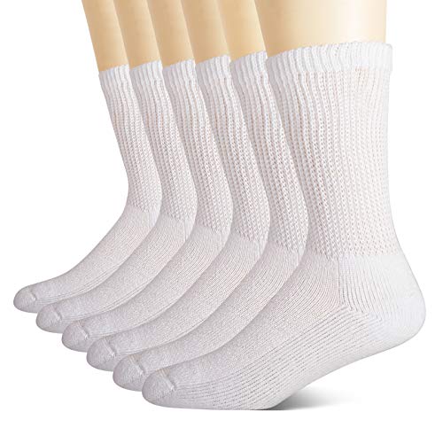 +MD Non-Binding Diabetic Socks for Men Women-6 Pairs Medical Circulatory Crew Socks with Cushion Sole White 10-13