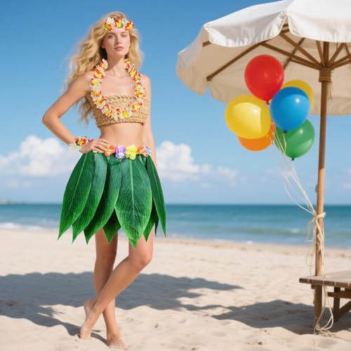 PIXHOTUL Ensemble de 5 pièces Jupe en feuilles Hula et Leis hawaïens, Jupe Hula + Bandeau fleur + 2 Bracelets fleurs + Collier Guirlande, Costume de fête Hula Luau pour femmes, filles (Orange + Blanc) – vue 5