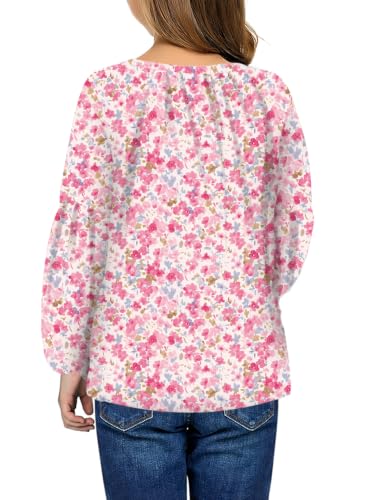 Image of blibean Girls Flower Bell Long Sleeve Blouse Fall Floral Tops 4-15 Years | Kids Flowy V-Neck Bell Long Sleeve Tops, Boho Flower Print Loose Fit Tunic, Spring Fall Cute Casual Dress Bohemian Clothes