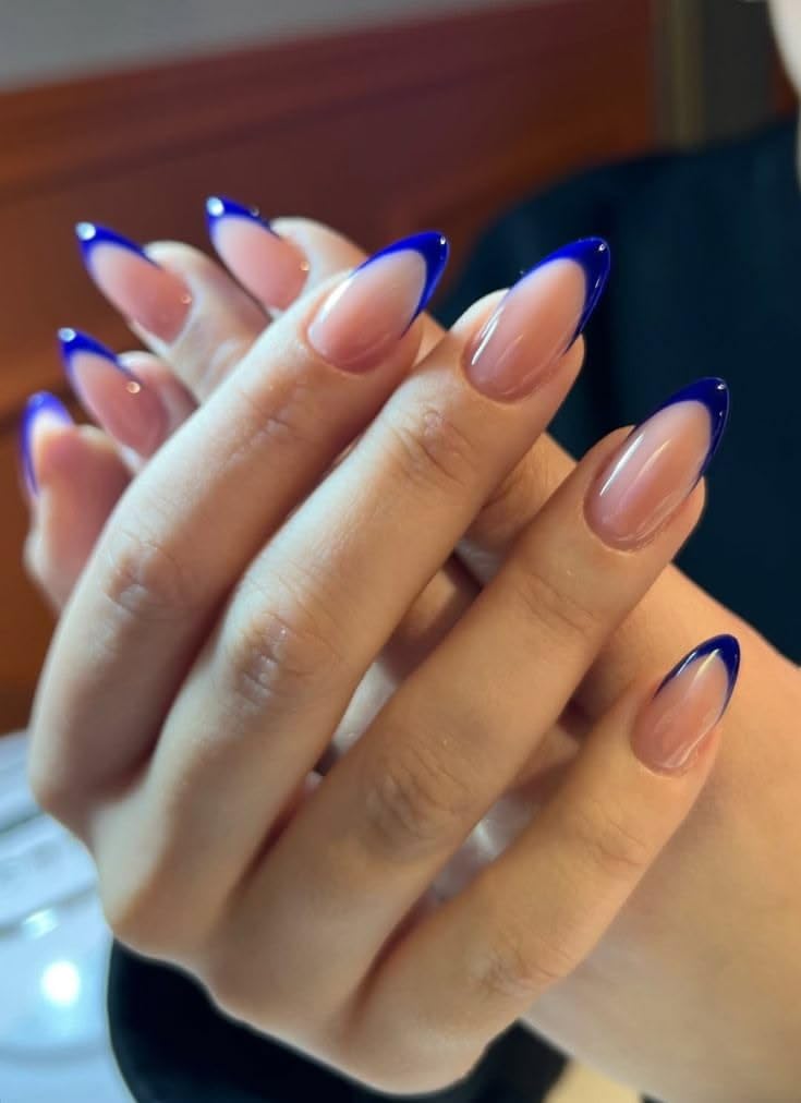 Handmade Press On Nails | Reusable Acrylic ABS Fake Nails Set with Glue | Full Cover Stick On Nails for Women | Set of 12 Salon Finish Nail Extensions (Deep royal blue french tip)-picture-16