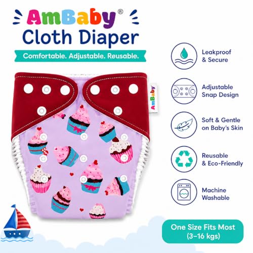 Image of Ambaby Pack of 4 Premium Pocket Cloth Diapers with 2 Diaper Covers & 2 High-Absorbency 4Layer Insert Pads. Leak-Proof, Adjustable, Breathable, Reusable & Washable. Fits Babies 3 Months-3 Years(3-18kg)(Pink)