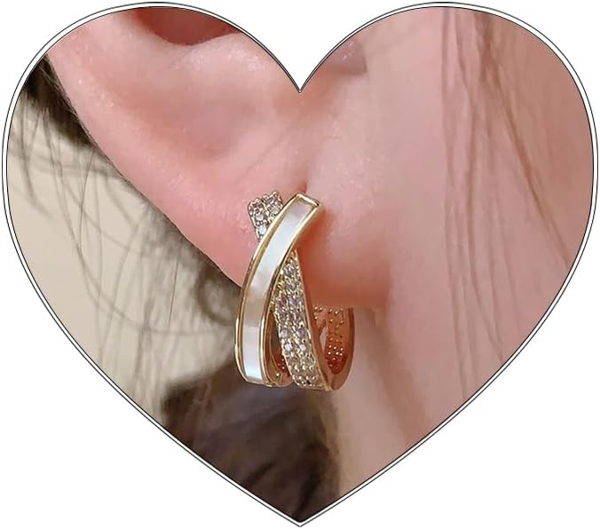 Eioi & Lmnm Women's 14K Gold Plated Cubic Zirconia Enamel Dainty Huggie Hoop Earrings, Gold Crystal Enamel Small Sleepers, Geometric Cross CZ Minimalist Huggie Hoop Earrings, Simple Jewelry Gift for Her