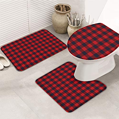 3 Piece Bath Rug Sets, Red And Black Buffalo Check Plaid Bathroom Mats Set, Non Slip,Water Absorbent U-Shaped Contour Toilet Mat, Toilet Lid Cover #TOP1