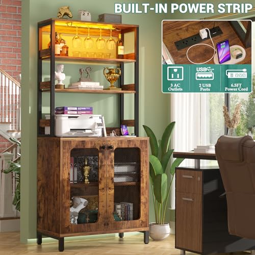 Aheaplus Bar Cabinet with Power Outlets, 67" Tall Wine Bar Liquor Cabinet with LED Lights & Glass Holder, Coffee Bars Station for Living Room, Microwave Stand Bakers Rack Cabinets, Rustic Brown - Image 5